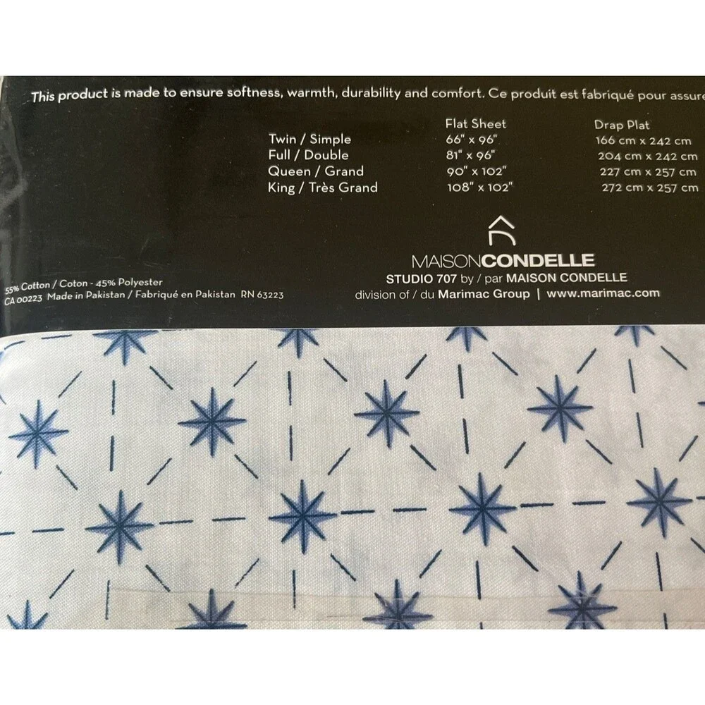 Vintage Studio 707 Twin Flat Sheet White Blue Atomic Pattern 200 Thread Ct New